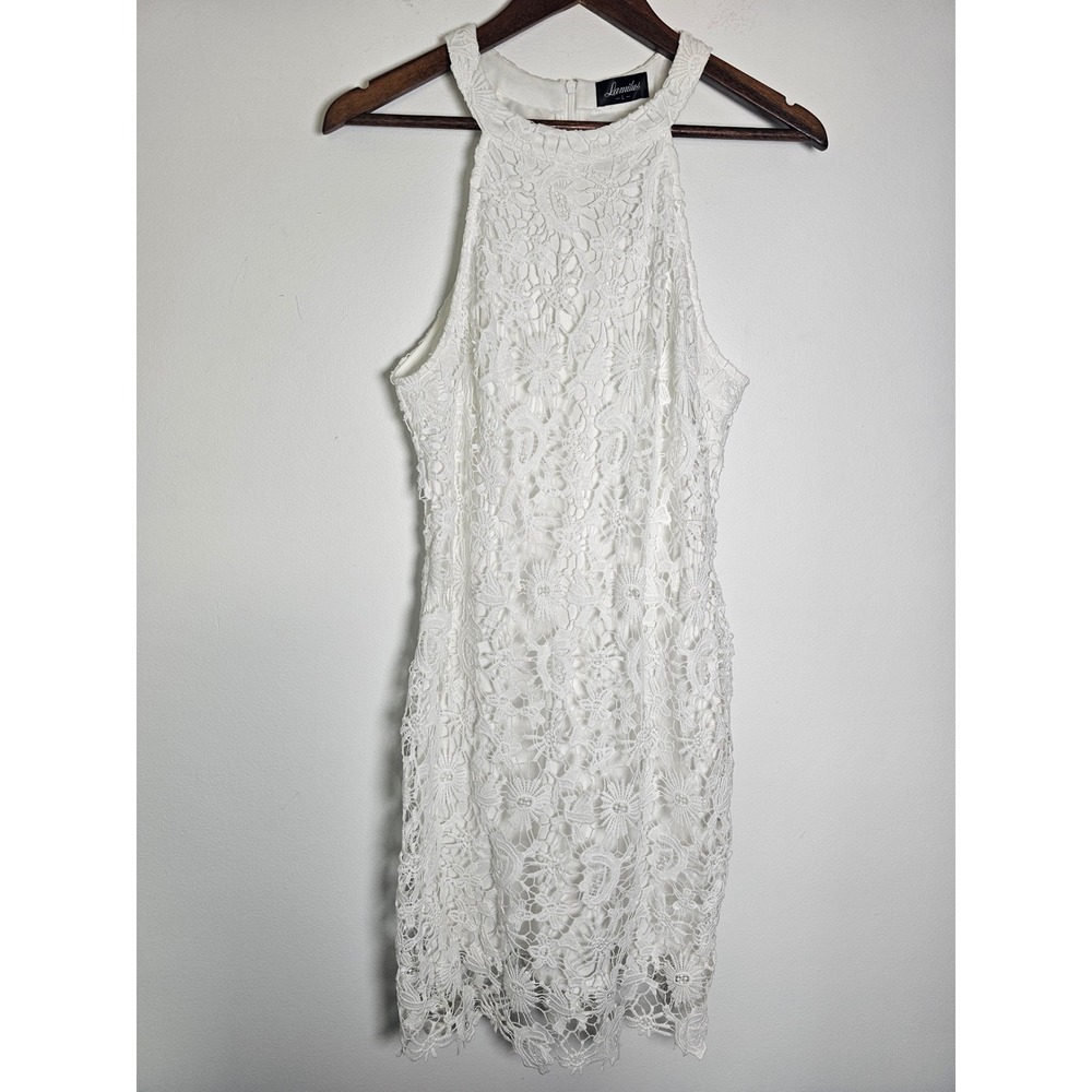 Bridal/Romantic Lamilus Lace Halter Mini Dress Womens Large White Floral Bodycon